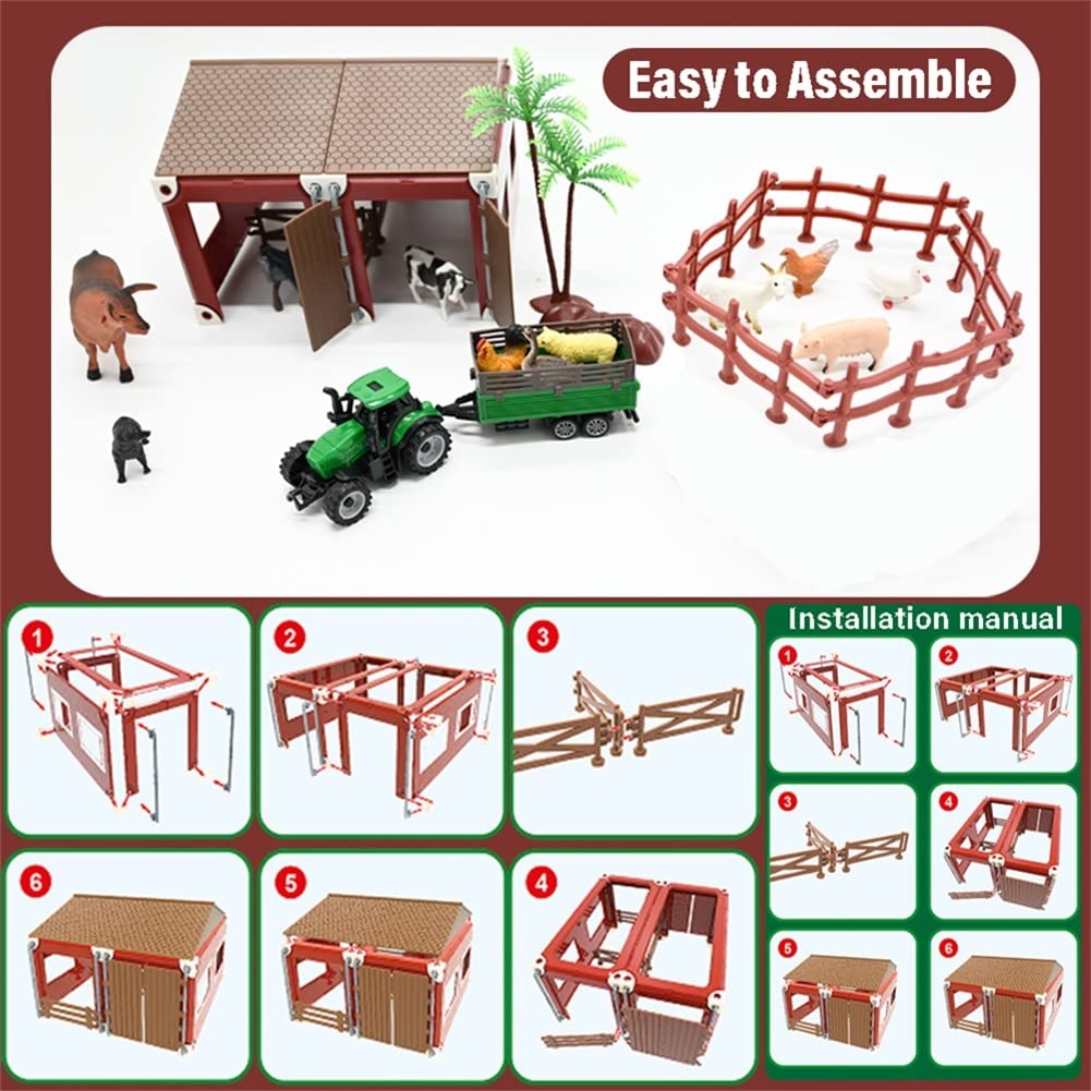 Bolzra Mini Barn Farm Toys Playset, 66Pcs Plastic Animals Figurines And Fence Farm Playset, Farm Figures Farmer Vehicle Toy Truc