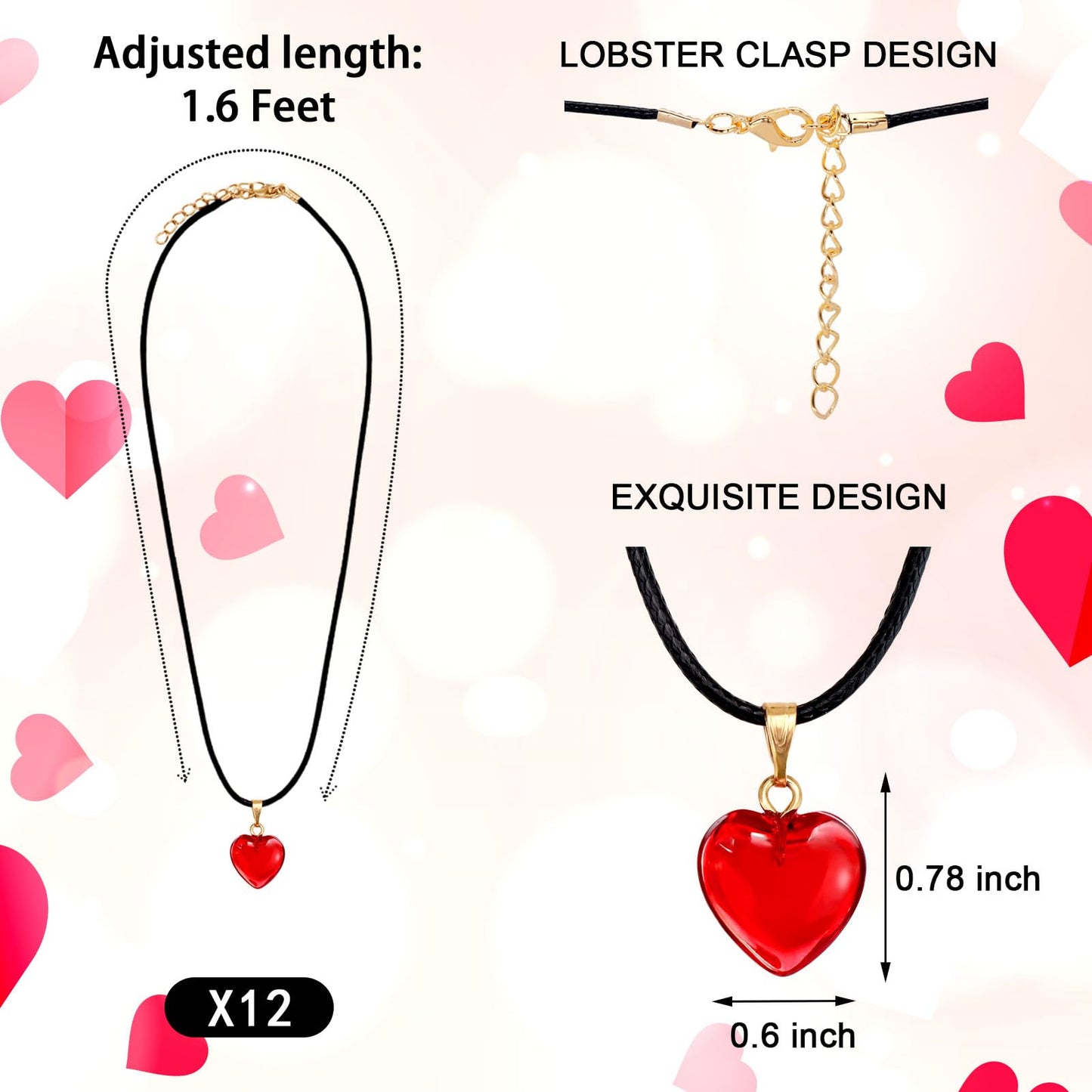 Omlisca Valentines Day Gifts 12 Pack Red Heart Shaped Pendant Necklace for Classroom Rewards Exchange Goodies Bag Filler For Wom