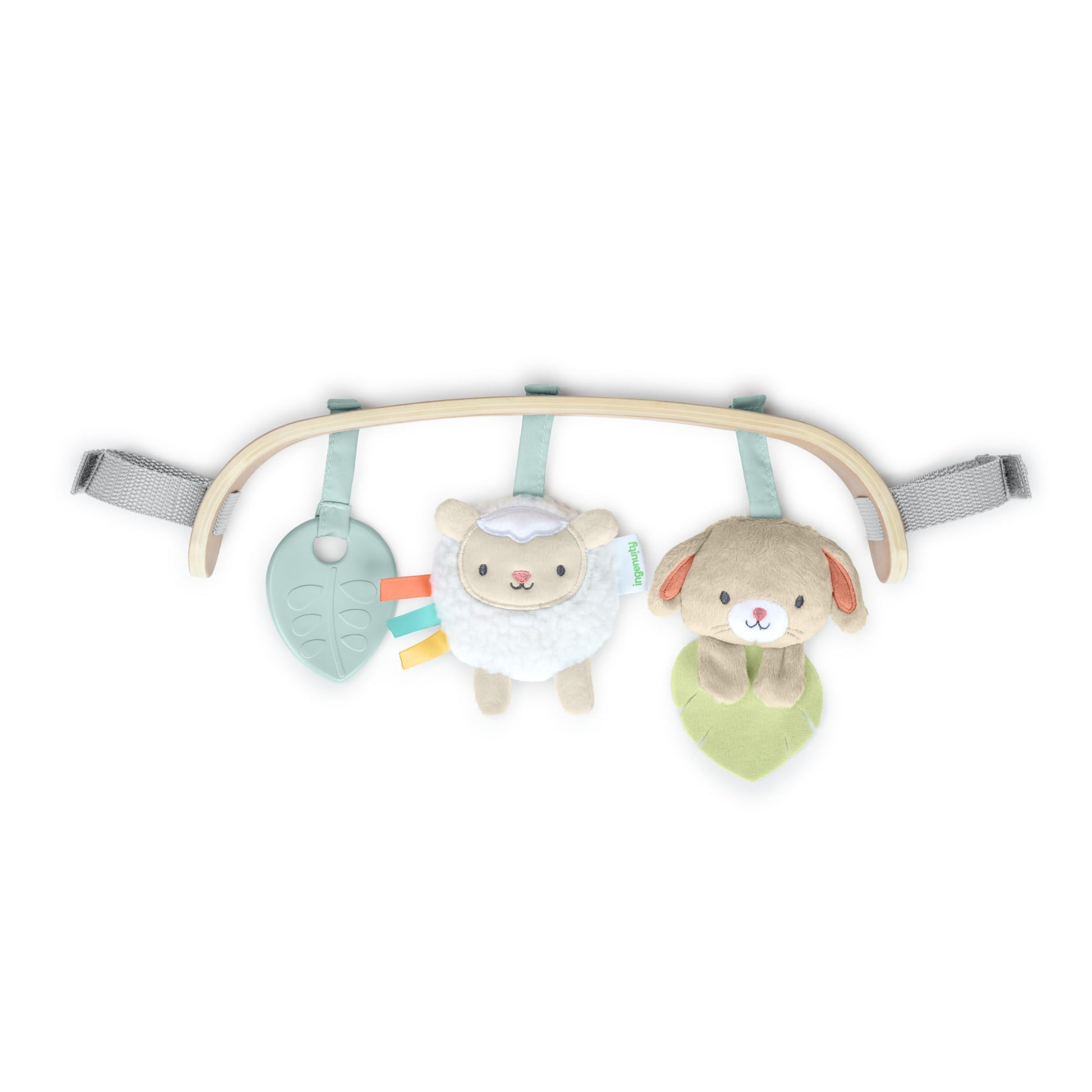 Ingenuity Soothing Essentials Wood Carrier Toy Bar, Montesorri-Inspired, 3 Removable Toys, for Ages 0-12 Months