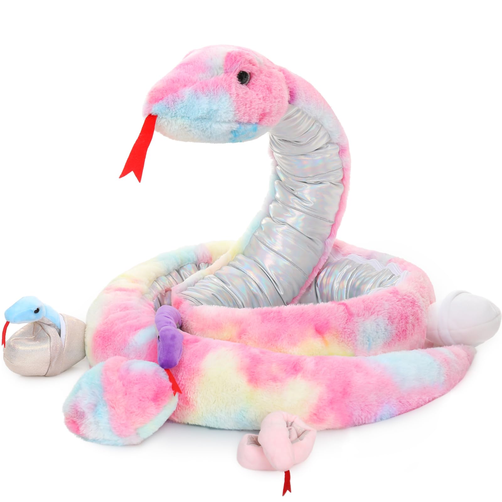Morismos Giant Snake Stuffed Animal Mommy With Babies, Realistic Stuffed Snakes Plush Toy, 80' Long Green Boa Constrictor For Kids, Girls, Boys, Halloween, 3 Snake Babies, 3 Snake Eggs