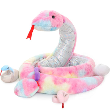 Morismos Giant Snake Stuffed Animal Mommy With Babies, Realistic Stuffed Snakes Plush Toy, 80' Long Green Boa Constrictor For Kids, Girls, Boys, Halloween, 3 Snake Babies, 3 Snake Eggs