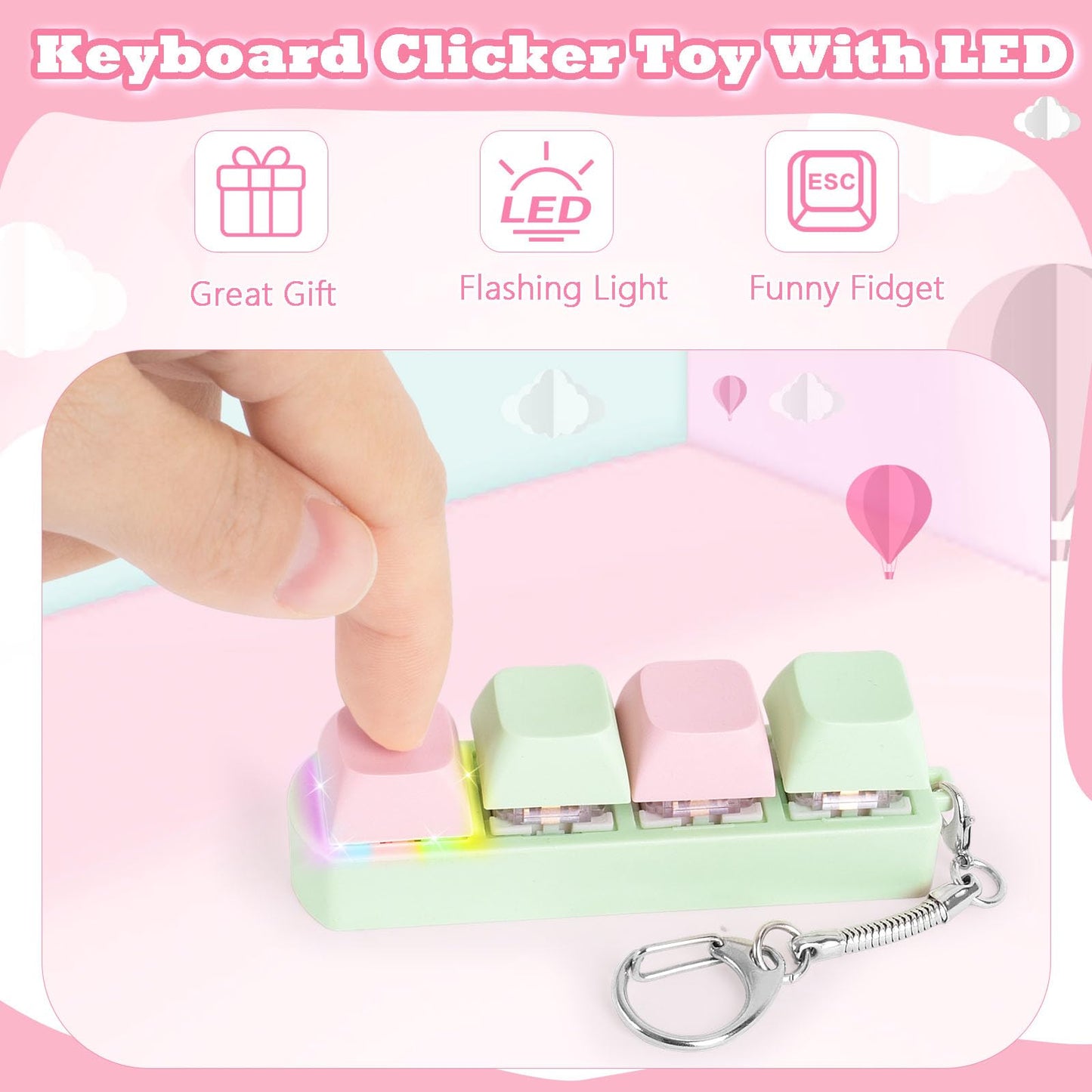 FunisFun Keyboard Fidget Toy - LED Light Keychain, Sensory Stress Relief, 4 in 1, Green Pink, Plastic