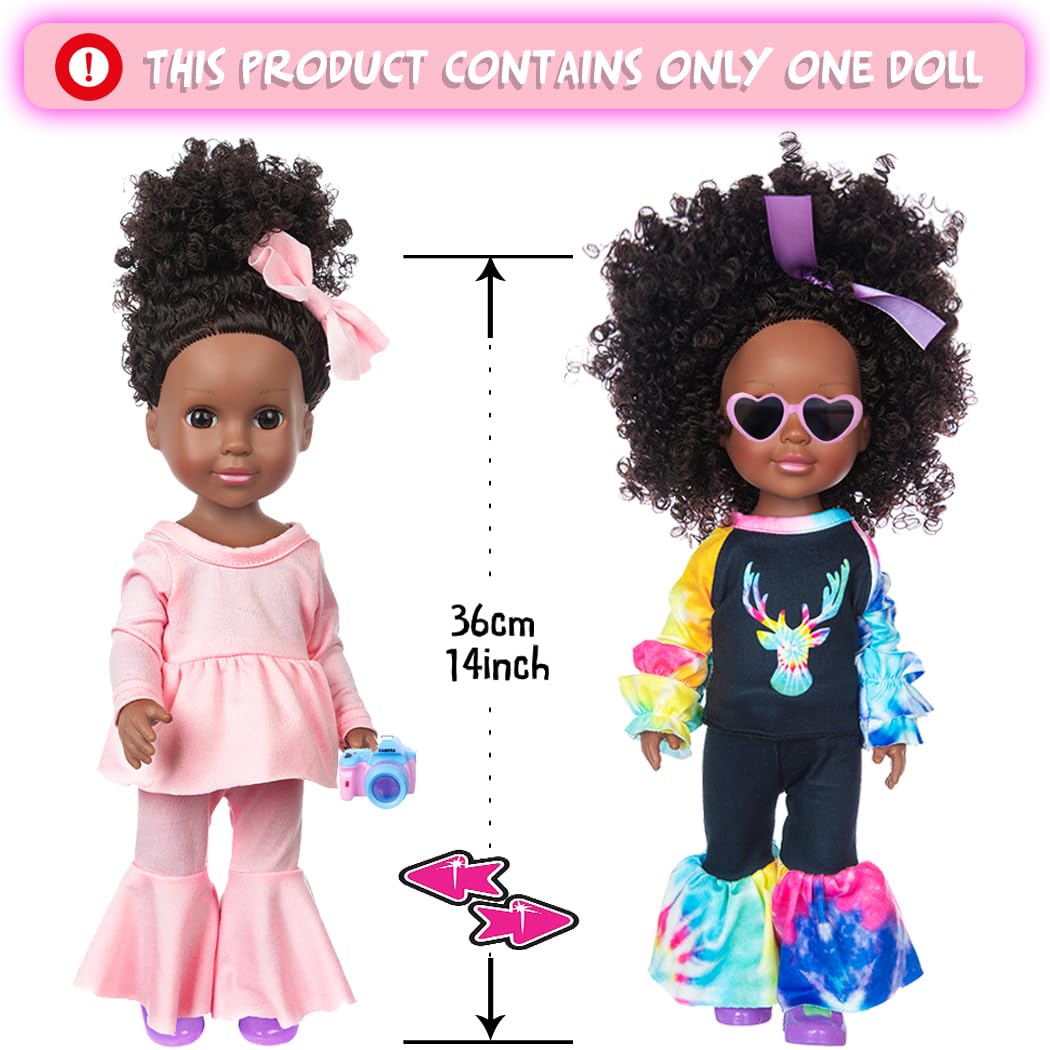 Ibayda One-Piece 14.5 Inch Black Girl African-American Washable Realistic Silicone Baby Doll With 2Sets Clothes Shoes Backbag Camera Glasses And Phone Toys Accessories