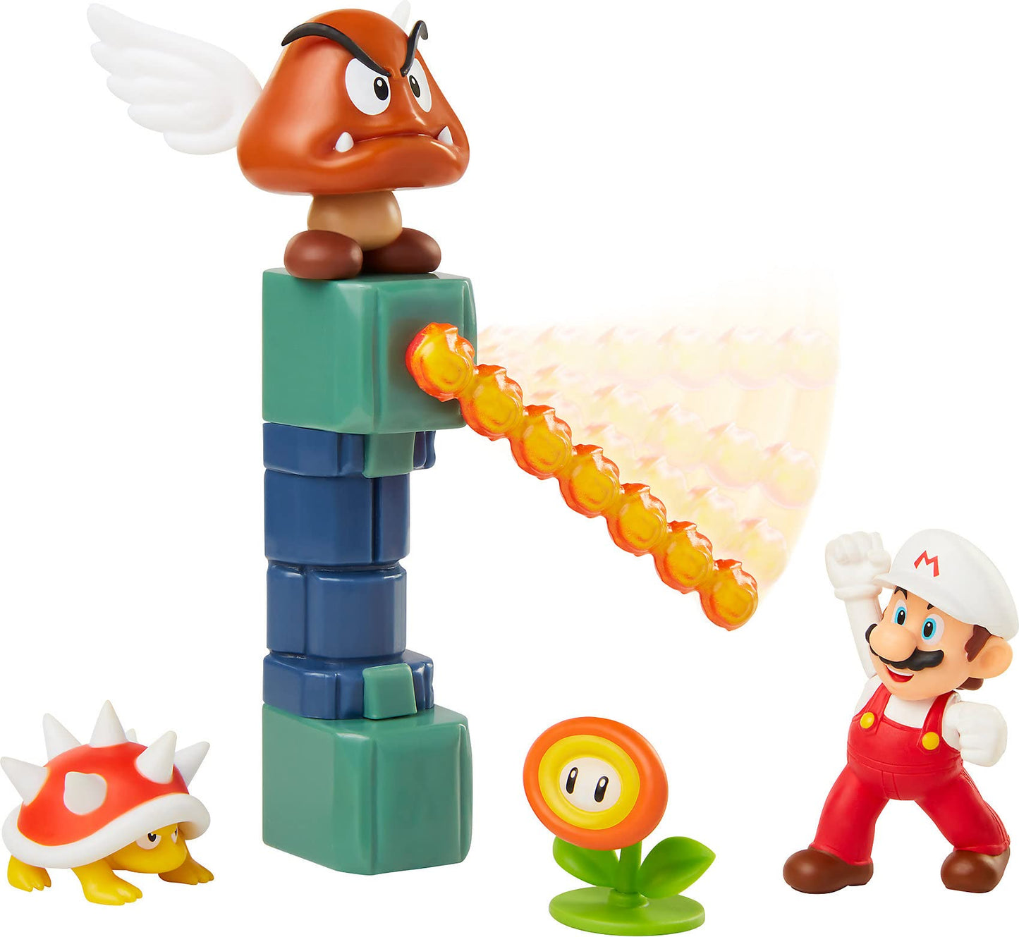 Nintendo Super Mario Lava Castle Diorama Play Set - Fire Mario, Spiny & Para Goomba - 2.5" Plastic Figure with Spinning Fireballs
