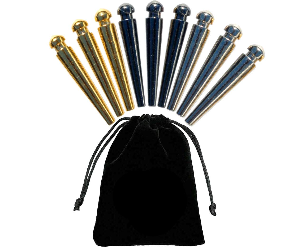We Games Premium Easy Grip Cribbage Pegs With A Tapered Design & Velvet Pouch - Set Of 9 (3 Gold, 3 Silver, 3 Black)