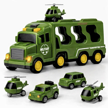 Mini Explorer 5-In-1 Friction-Powered Military Truck Toy Set With Music | Army Transport Carrier Vehicle For Boys & Girls | Educ