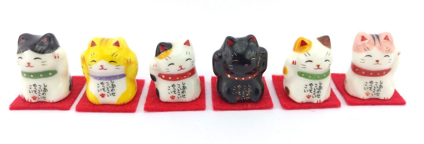 Yakushigama Mini Maneki Neko Set - 6 Antique Black Porcelain Cat Figurines