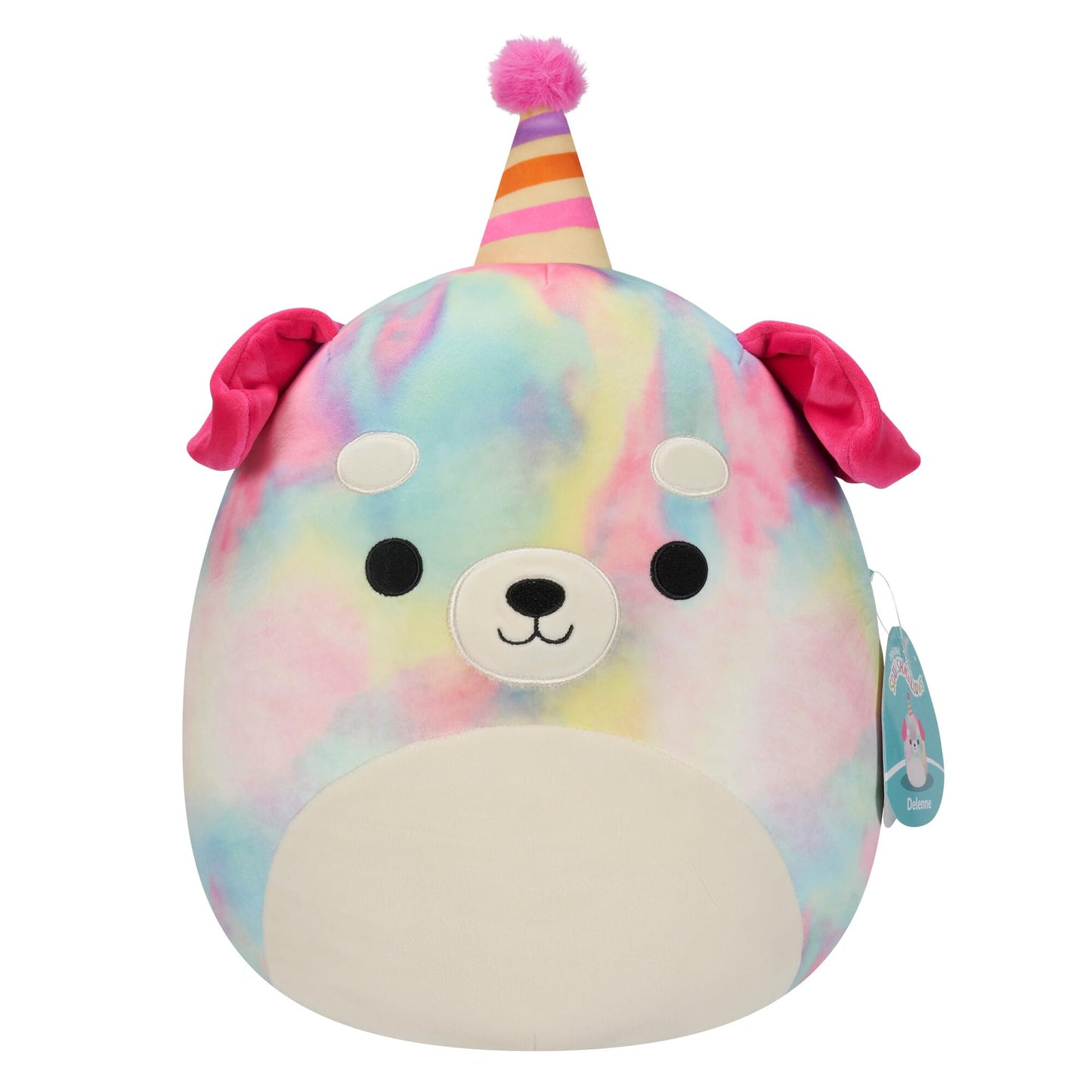 Squishmallows Original 12-Inch Delenne Tie-Dye Dog Plush - Soft Polyester, Party Hat, Model SQCR05549