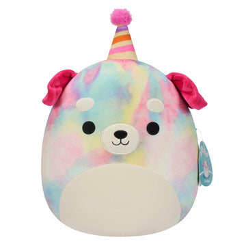 Squishmallows Original 12-Inch Delenne Tie-Dye Dog Plush - Soft Polyester, Party Hat, Model SQCR05549