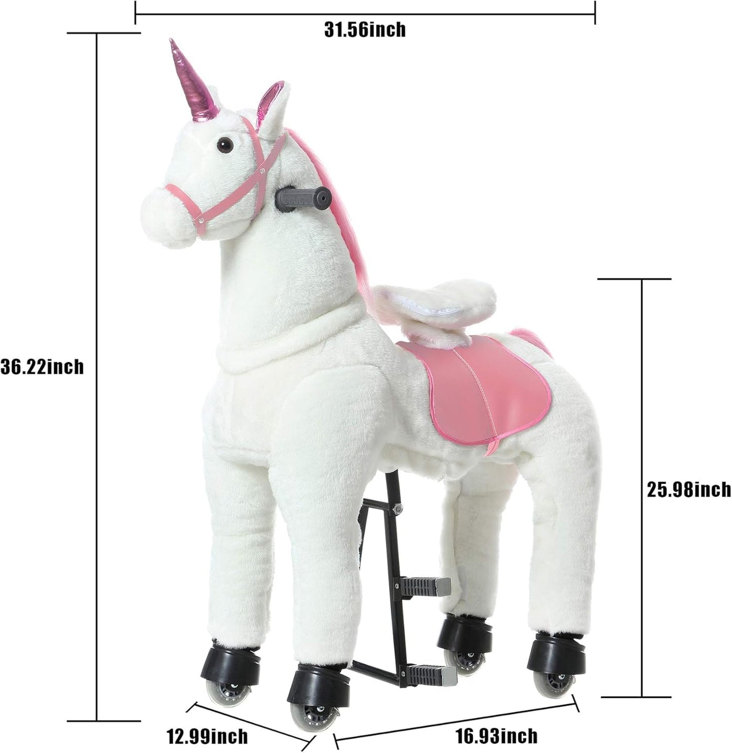 PONYEEHAW Ride on Unicorn Toys  Kids Riding Unicorn Toys Ride on Toys for 6-14 Years Old  enhanced Plush Animals Toys Walking Unicorn with Wheels (White and Pink  31.5 L x 13 W x 36.2 H)