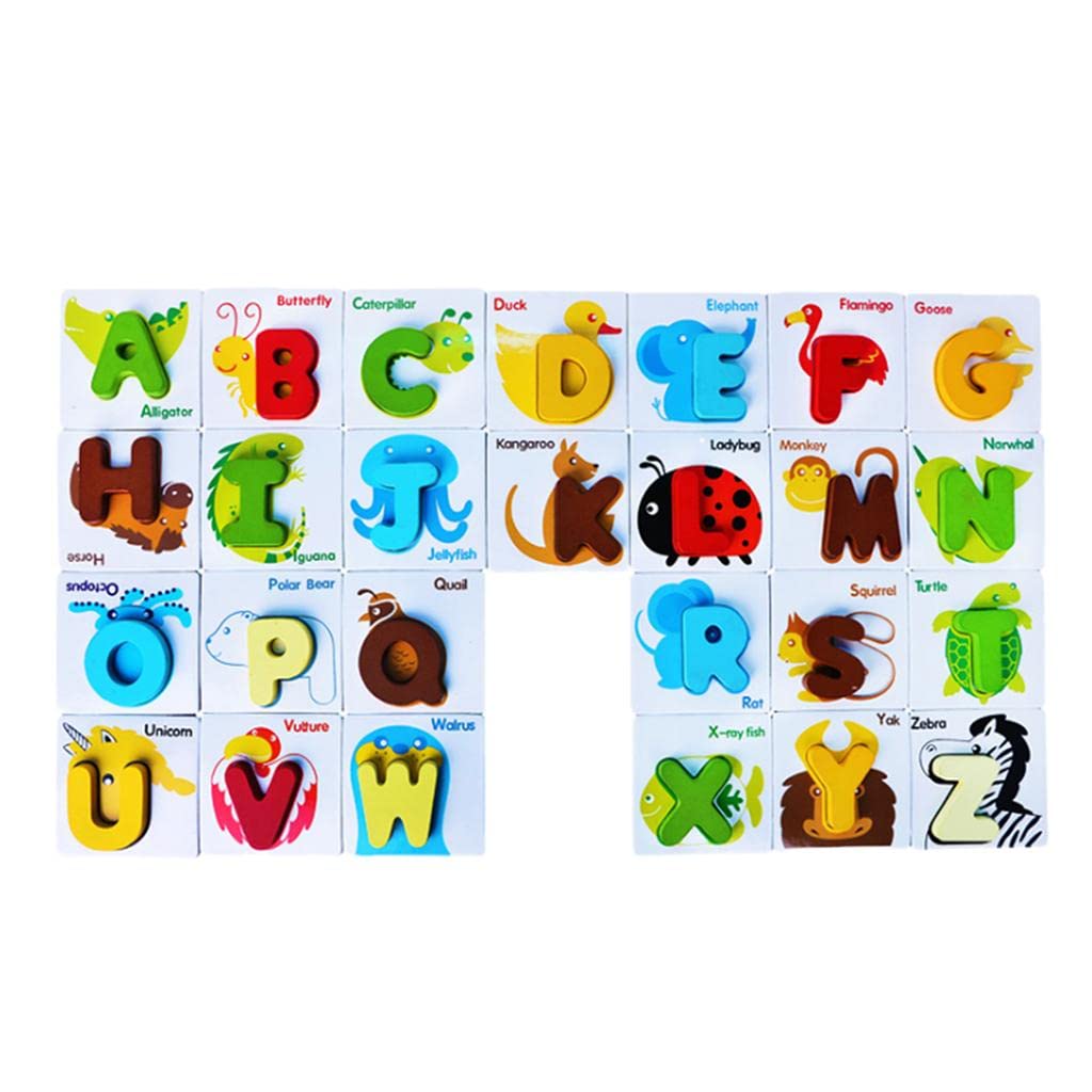 CALANDIS Wooden Alphabet ABC Animal Match Puzzle Flash Cards Kids Educational Toys