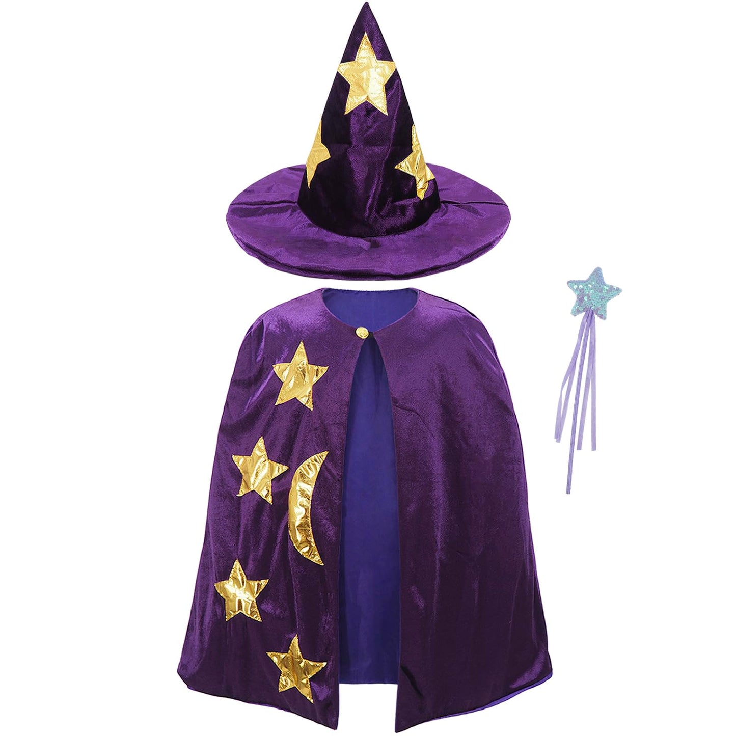 Kids Wizard Witch Cloak With Hat And Wand, Halloween Boys And Girls Cape Costume Props For Cosplay Party Fancy Dress (Purple)