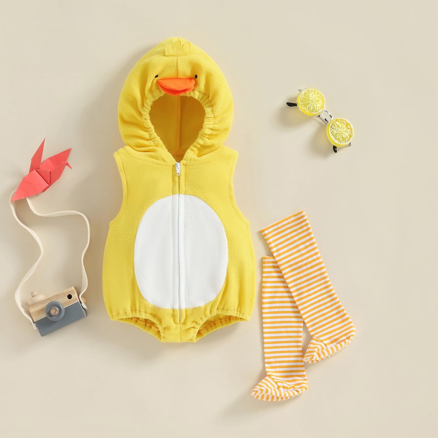 Sunloudy Toddler Baby Halloween Hooded Costumes Duck Avocado Zipper Sleeveless Romper Stockings 2Pcs Cosplay Outfits(Yellow,18-2