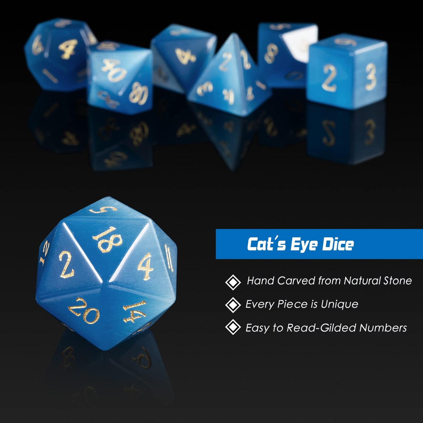 DNDND Gemstone Dice Set 7 PCS Aquamarine Dice with Gift Case for DND Dungeons and Dragon Tabletop Game (Blue Cat's Eye)