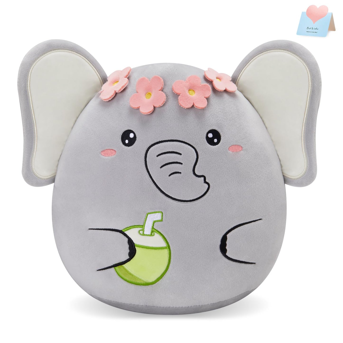 Athionsu 12-Inch Adorable Elephant Plush Toy Flower Crown with Coconut Detail for Toddler Kids and Boys  Great for Bedroom Decor and Cuddling