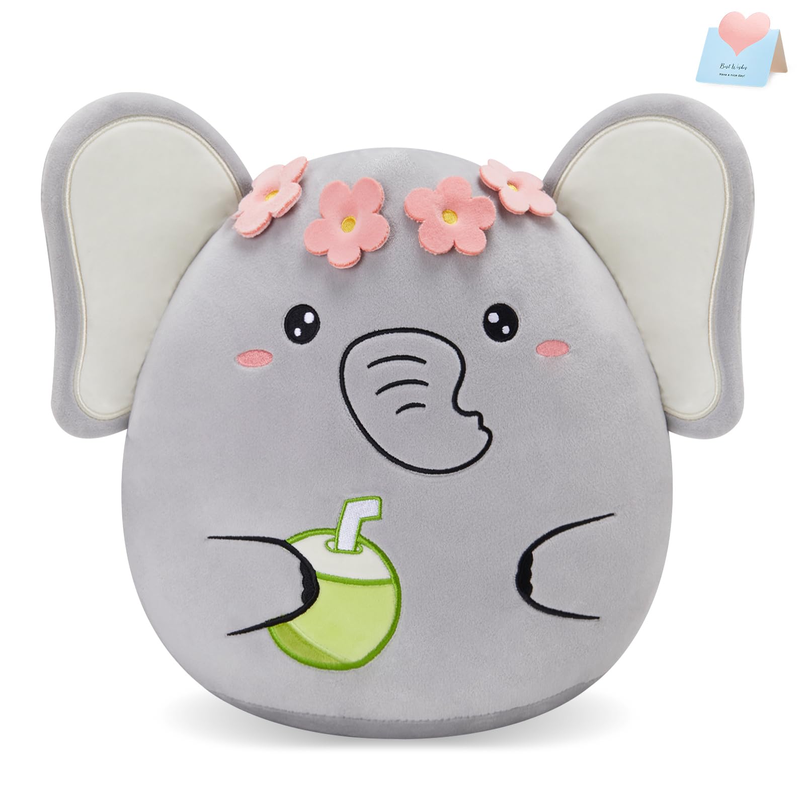 Athionsu 12-Inch Adorable Elephant Plush Toy Flower Crown with Coconut Detail for Toddler Kids and Boys  Great for Bedroom Decor and Cuddling