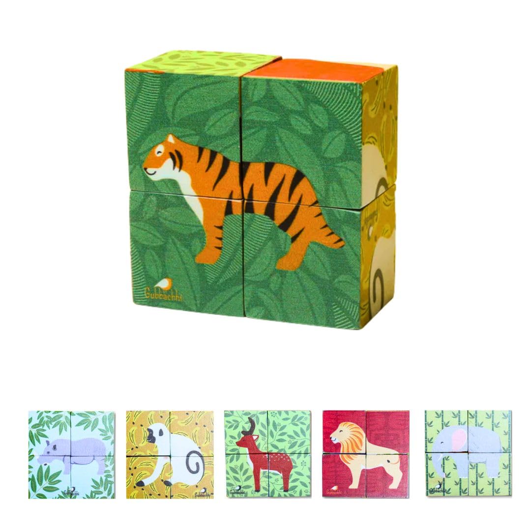 Gubbachhi Wooden Jungle Puzzle For Toddlers 2 Yrs+ | 6 In 1 Animal Block Puzzle With 4 Wooden Blocks | Montessori Educational To