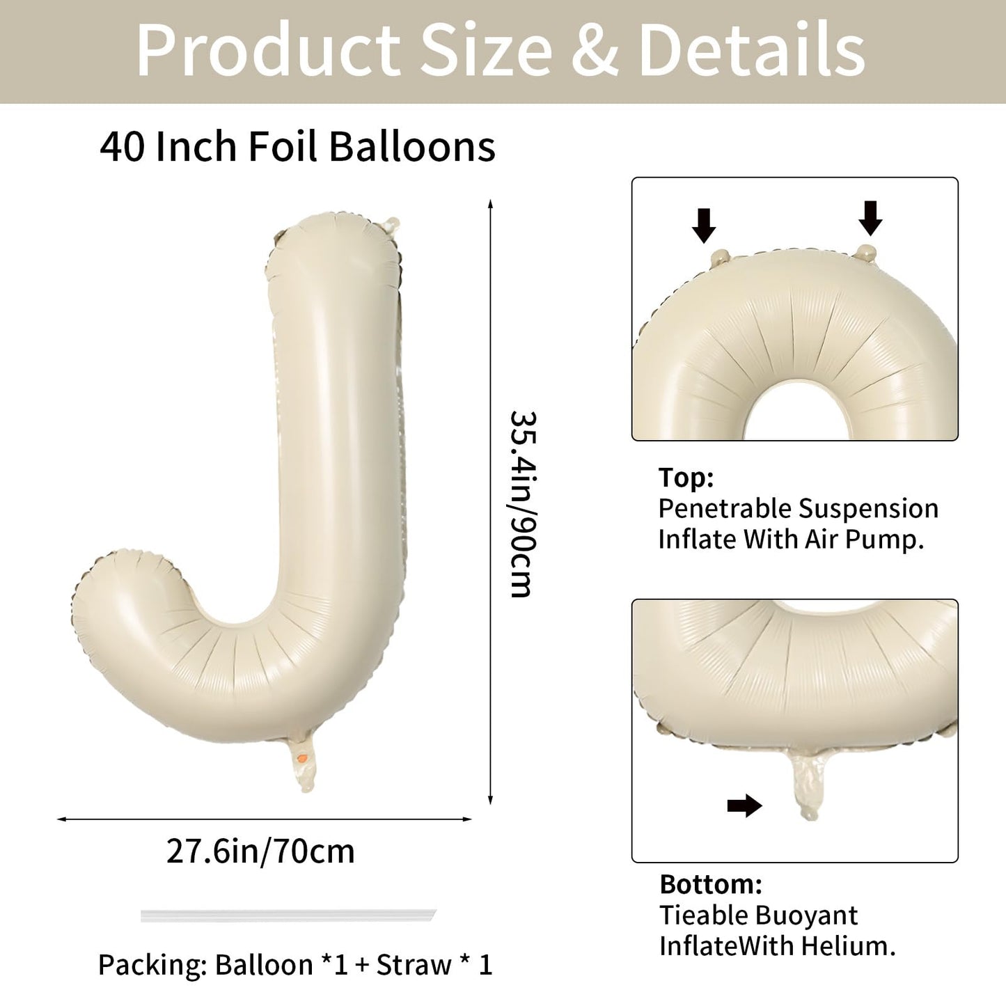 Biapian 40 Inch Letter J Balloons, Giant Cream J Foil Balloon, Big Single Alphabet A-Z Balloons, Beige Large Aluminum J Balloons