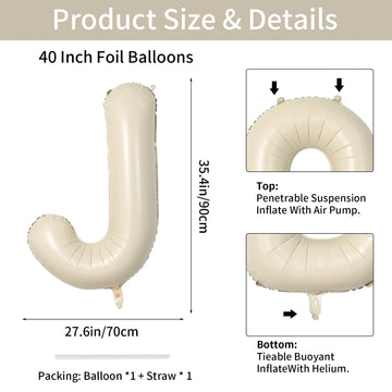 Biapian 40 Inch Letter J Balloons, Giant Cream J Foil Balloon, Big Single Alphabet A-Z Balloons, Beige Large Aluminum J Balloons