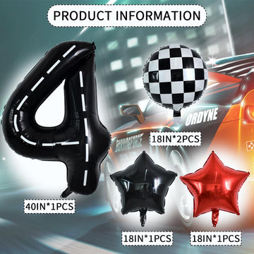 Toniful 40 Inch Race Car 4Th Birthday Balloons Racetrack Number 4 Black Balloons Wheel Tire Balloons Black White Checkered Ballo