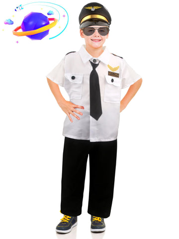 Children Pilot Costume Set Captain Uniform Dress Up For Kids Boys Halloween Cosplay Pretend Role Play Party