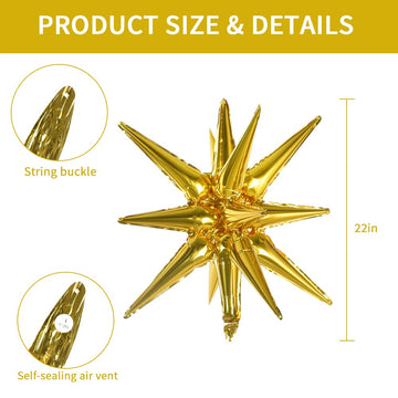 Toniful 4 Pcs 22Inch 4D Huge Gold Star Balloons Explosion Star Mylar Foil Balloons For Party Supplies Backdrop Christmas,New Yea