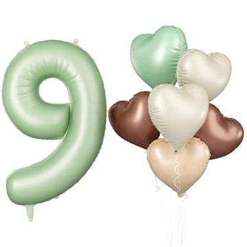Biapian 40 Inch Sage Green Number 9 Balloons, Gaint Number 9 Balloon With 18'' Retro Foil Heart Balloons Helium For Neutral Boys