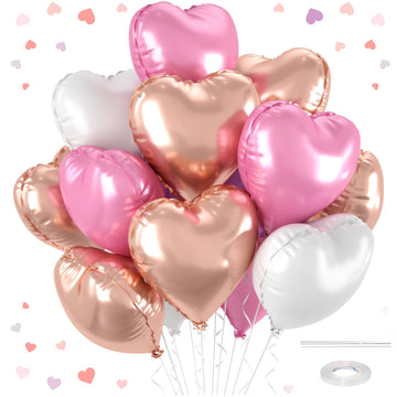 12 Pcs Heart Balloons, 18 inch Rose Gold and Pink Heart Shaped Balloons, Big Heart Helium Balloons, Heart Foil Balloons for Wedd