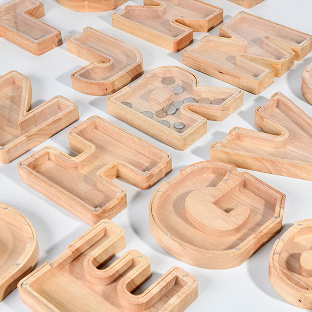Weallbuy Piggy Bank For Kids Personalized A-Z Letter Piggy Bank Wooden Transparent Letter Money Box Decoration Creative Money Ja
