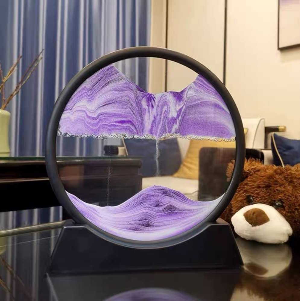 Moving Sand Art Picture, Round Glass 3D Deep Sea Sandscape In Motion Display, Flowing Sand Frame, Sensory Relaxing Desktop Home Office Work Desk Decor (7 Inch, Purple)
