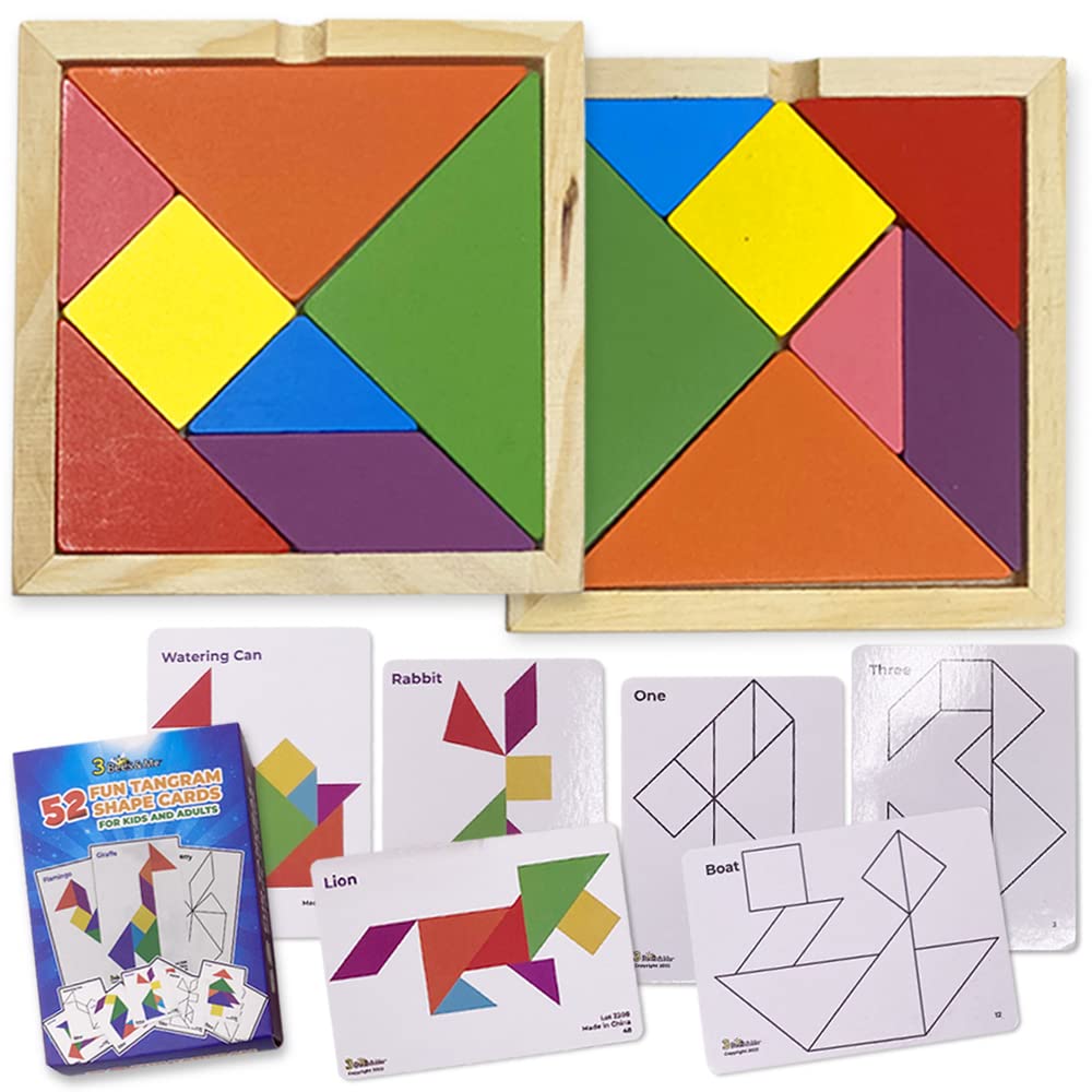 3 Bees & Me 2 Wooden Tangram Shapes Puzzle Toys with 52 Pattern Cards for Kids and mature-themeds - Montessori Wood Toy  STEM Shape Puzzles Manipulatives Games  Educational Tangrams for Kids