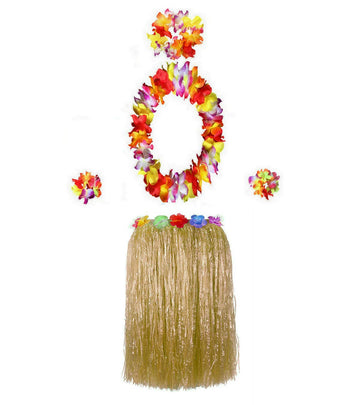 Bajotal Hawaiian Luau Hula Grass Skirt With Large Flower Costume Set For Dance Party Decorations Favors (24'' - Straw Color)