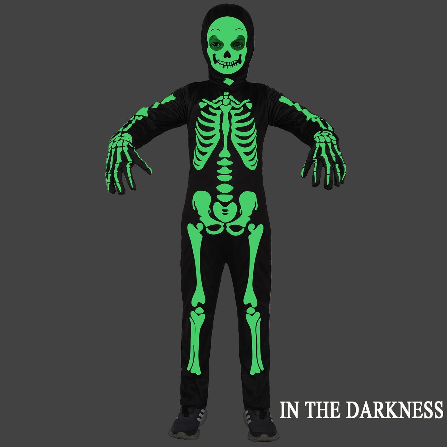 Sicypoty Kids Skeleton Costume Glow In The Dark Halloween Bone Bodysuit With Skeleton Hood Mask Black 8-10Years