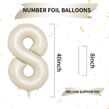 40 Inch Cream Number 8 Balloon, Beige Large 8Th Birthday Balloons, Digital 8 Cream White Giant 8 Foil Balloon Helium For Boys Gi