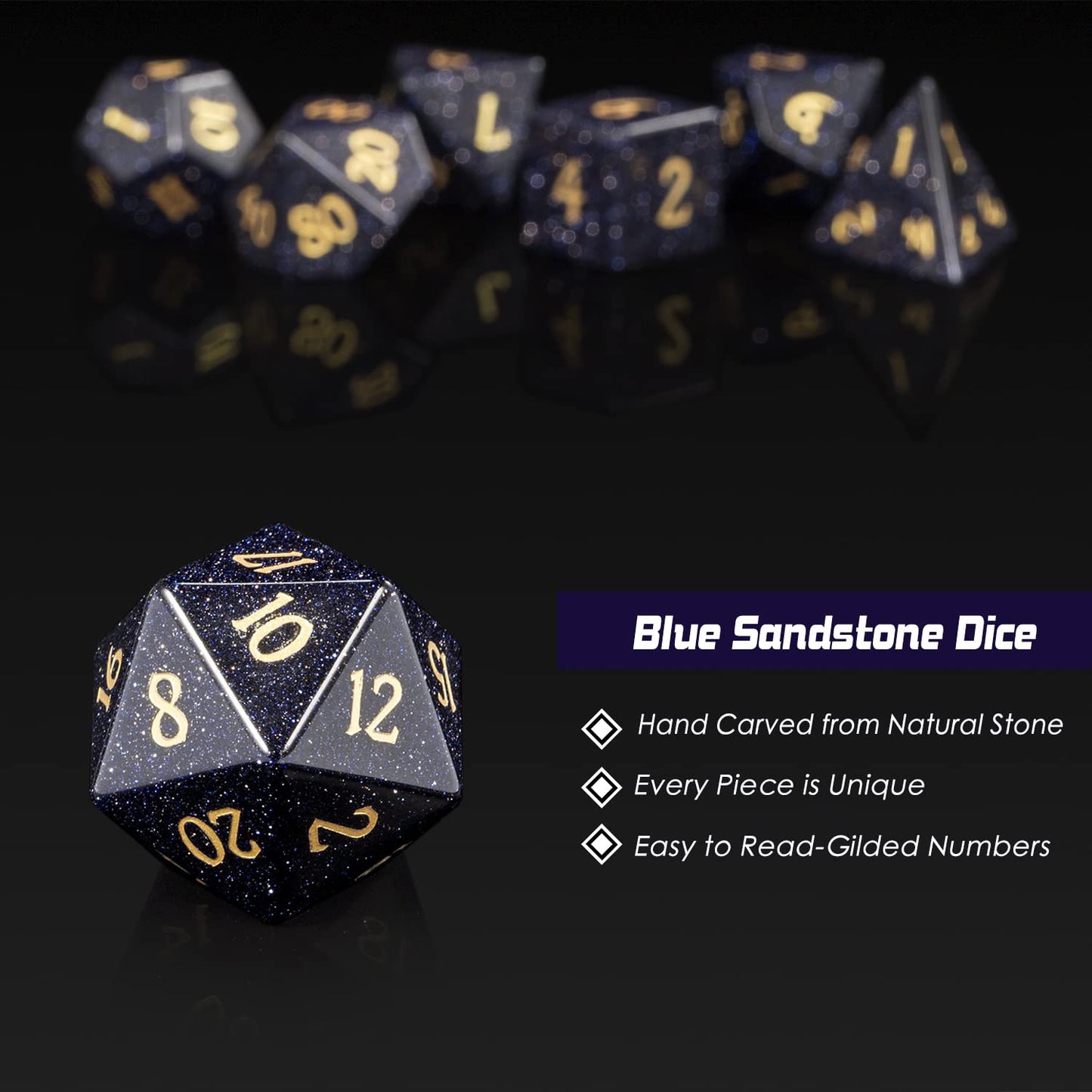 Blue Sandstone Gemstone DND Dice Set,DNDND Full Set D&D Dice with Grogeous Gift Case for Dungeons and Dragon Tabletop Game (Blue