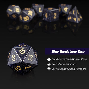 Blue Sandstone Gemstone DND Dice Set,DNDND Full Set D&D Dice with Grogeous Gift Case for Dungeons and Dragon Tabletop Game (Blue