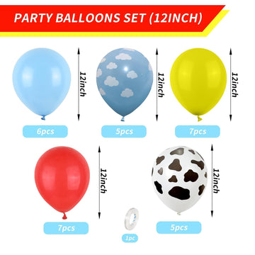 Toy Inspired Story Balloons, 12 Inch Red Blue Yellow Balloons With Cow Print Sky Blue Cloud Balloons For Kids Boys Girls Inspire