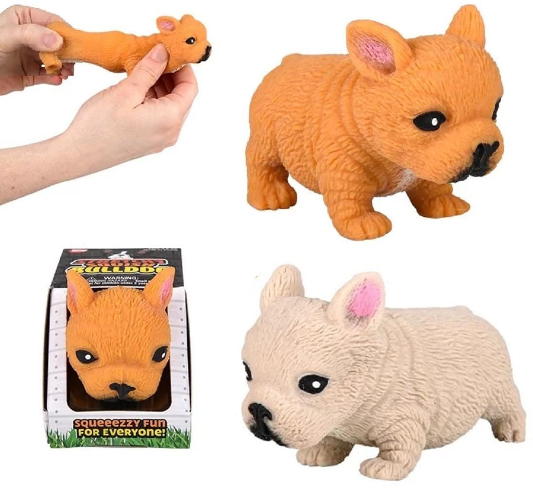 Zugar Land Squishy Stretchy Bulldog Rubber Fidget Toy - Stress Relief, 2.5" to 6.5", Tan & Brown, TPR Material, Great for Kids & Pets