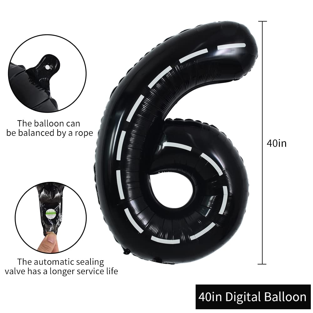 Toniful Race Car Black Balloons Car Birthday Party Supplies,40 Inch Giant Jumbo Helium Foil Mylar Big Number 6 Digital 6 Balloon