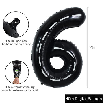 Toniful Race Car Black Balloons Car Birthday Party Supplies,40 Inch Giant Jumbo Helium Foil Mylar Big Number 6 Digital 6 Balloon
