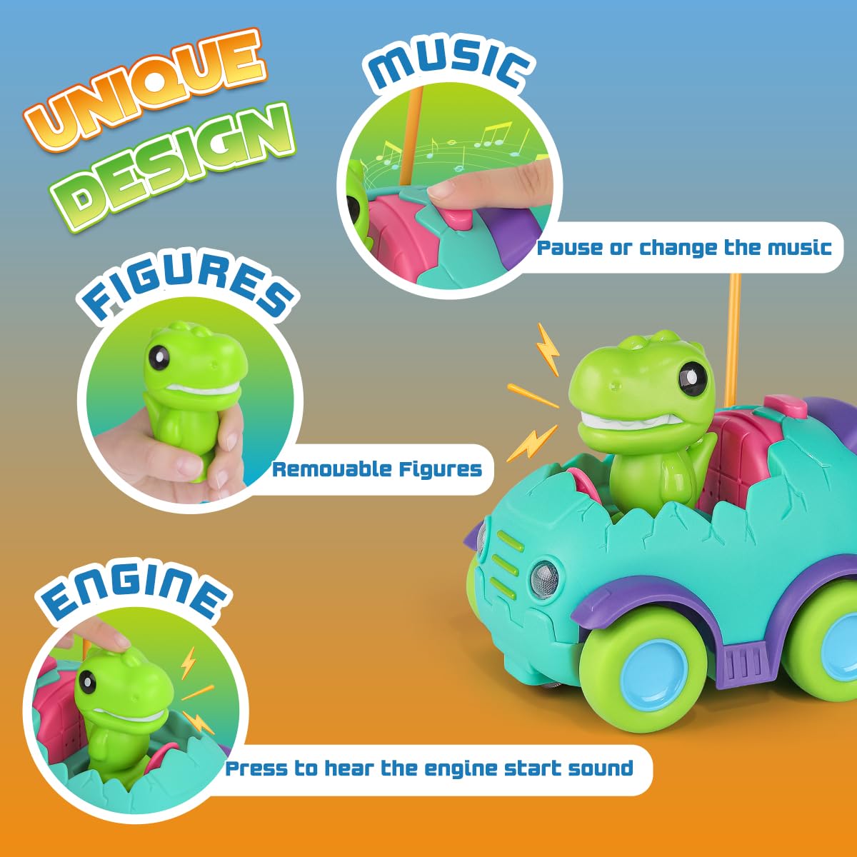 Nueplay Remote Control Car for Toddler Age 2 3 4 5, Electric RC Car Toys with Light & Music, Toddler Dinosaur Toys, Dino Race Ca