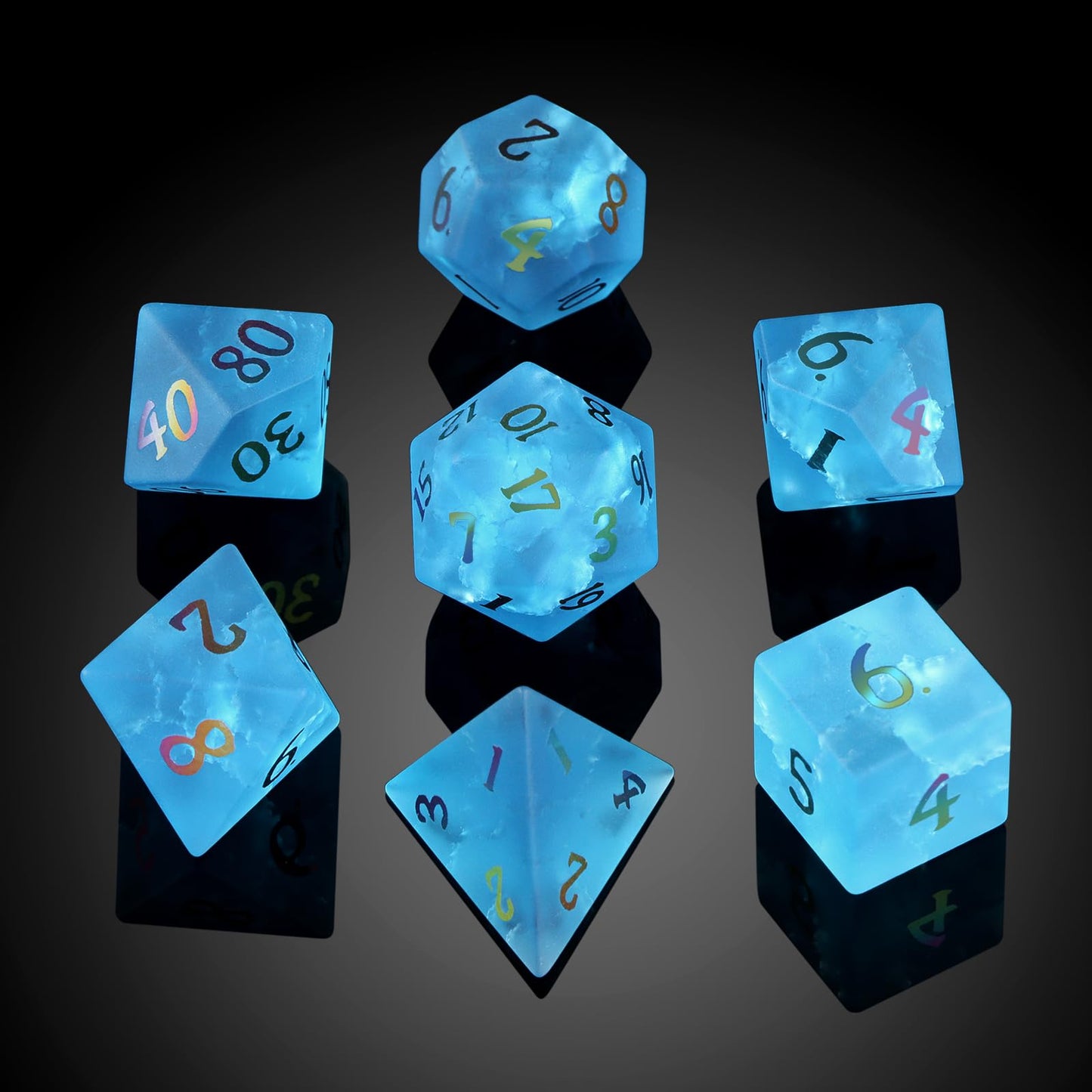 Dnd Dice Cracked Frosted Glass 7 Piece Blue Zircon Dice With Great Gift Case For Dnd Dungeons And Dragon Tabletop Game (Blue Gla