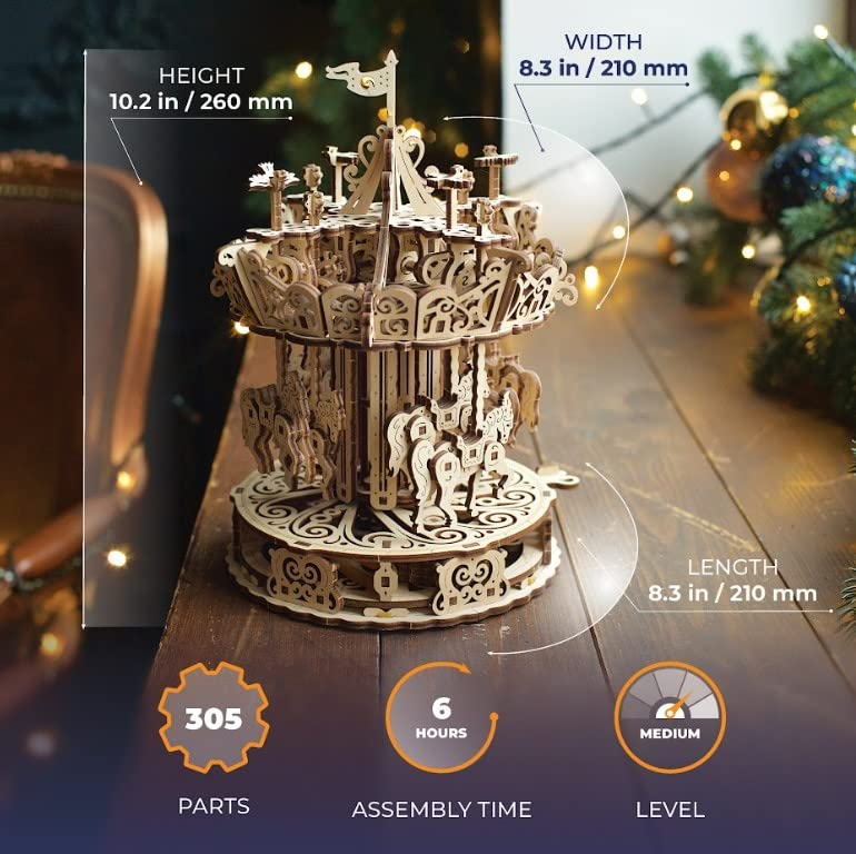 UGEARS Carousel Wooden Mechanical 3D Model Self-Assembling Craft DIY Kit mature-themed and Teens Puzzle Gift