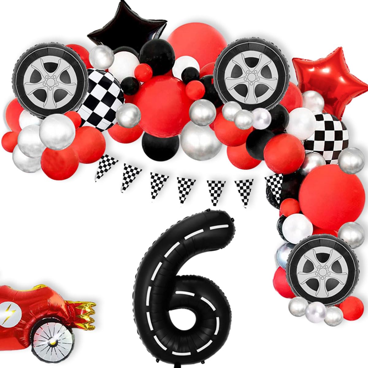 Race Car Birthday Balloons Decorations, 40 Inch Racetrack Black Number 6 Balloon, Large Mylar Black 6 Balloon For 6St Birthday R
