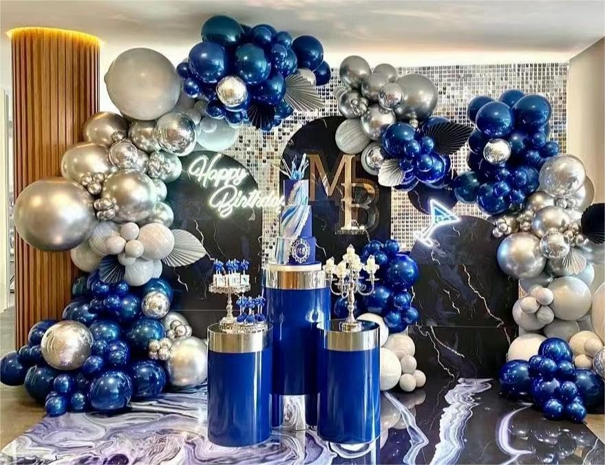 Moxmay 140 Pack Silver Navy Gray Macaron Blue Balloons Garland Arch Kit For Graduation Birthday Party Baby Shower Party Decorati