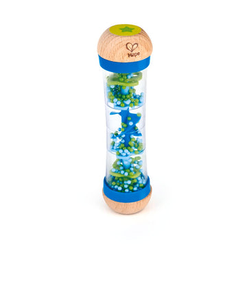 Hape Beaded Raindrops | Mini Wooden Musical Shake & Rattle Rainmaker Toy, Blue, Model Number: E0328B ,L: 2, W: 2, H: 7.9 inch