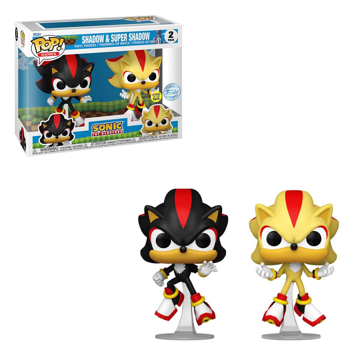 Funko Pop Sonic The Hedgehog Shadow & Super Shadow Glow in The Dark 2 Pack Exclusive - Vinyl Collectible, Model 71326