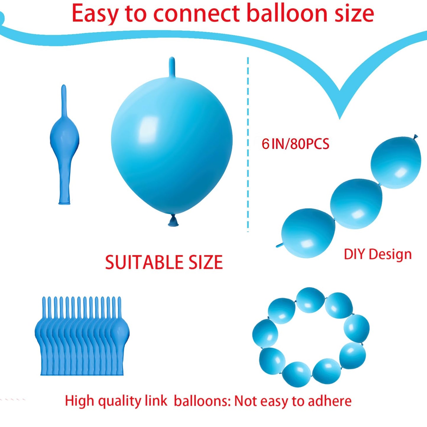 Adido Eva Link Balloons Light Blue 6 Inch Latex Quick Linkale Balloon 80 Pcs For Birthday, Halloween, Christmas, Party Festival