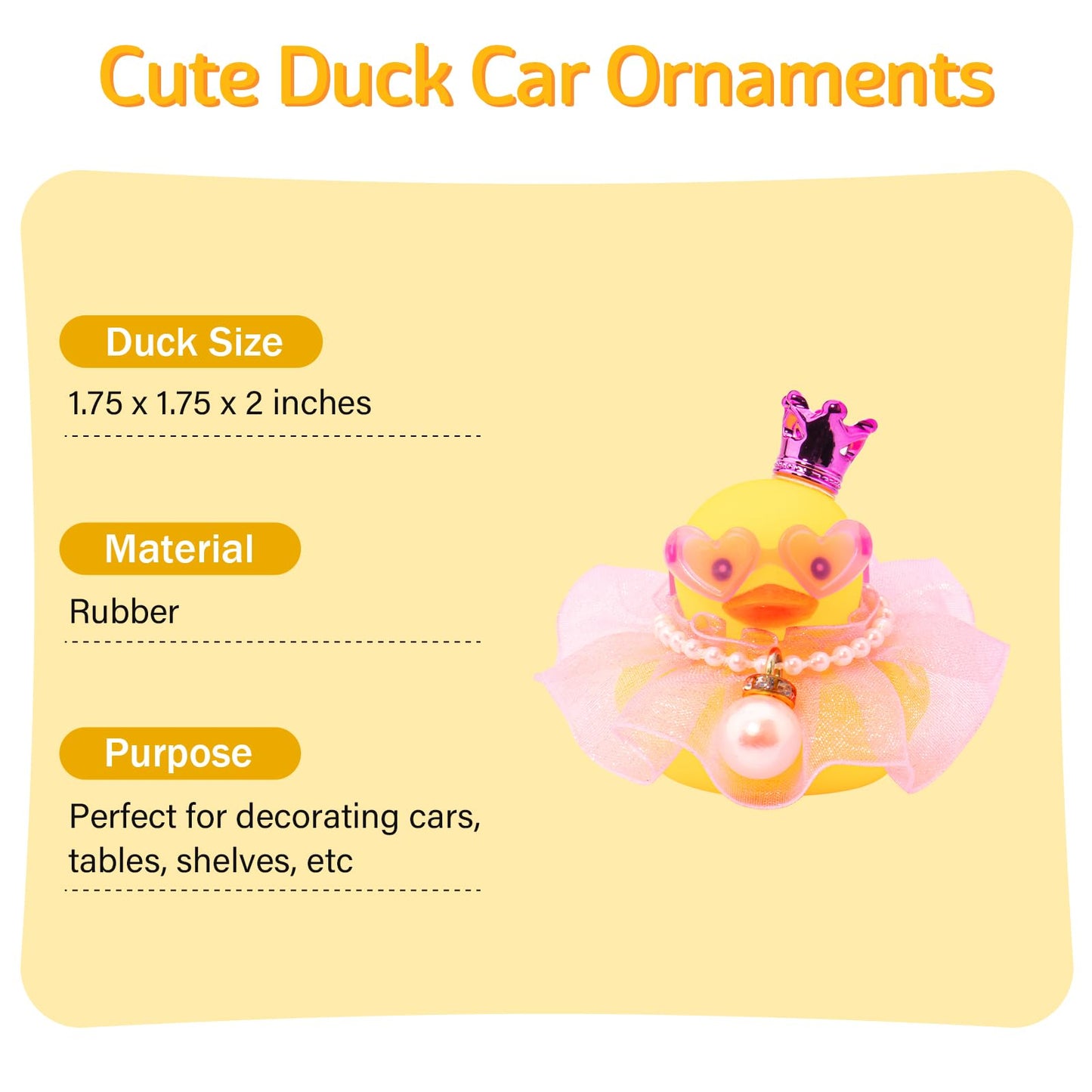 wonuu Rubber Duck Car Dashboard Decoration  Duck Car Ornament Cute Car Accessories with Mini Crown Dress Pearl Necklace Glasses  Pink Tutu Skirt