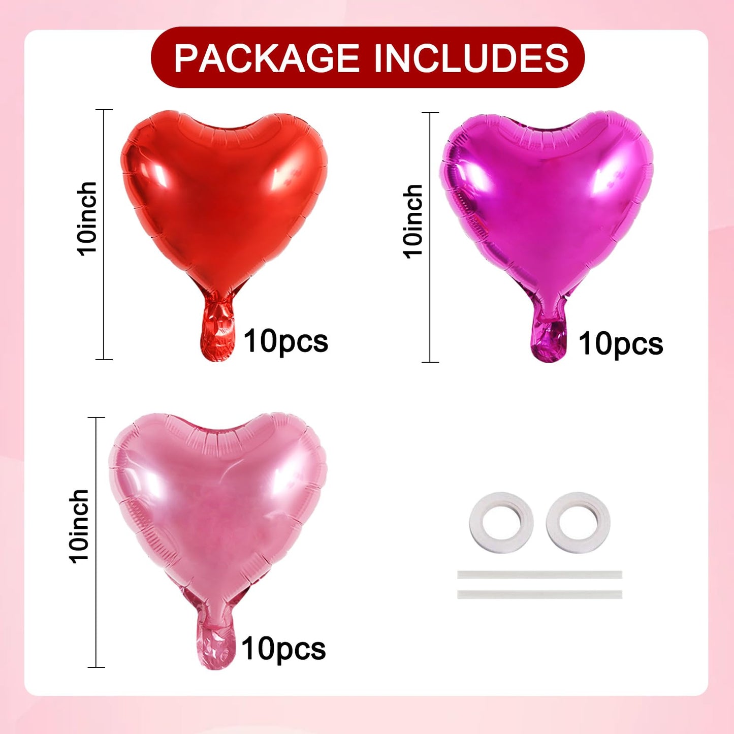 TONIFUL 30Pcs 10 Inch Heart Balloons Valentines Day Red Pink Hot Pink Heart Shape Foil Mylar Balloons Decoration for Valentines